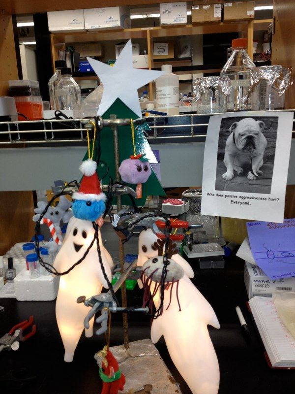 Lab Holiday Tree, note: stuffed EBV virion ornament