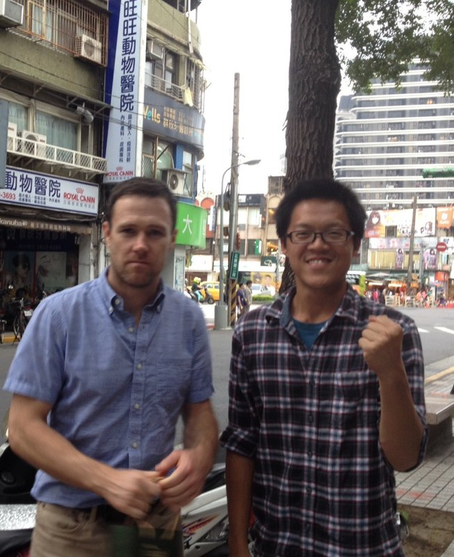 Chris and CJ in Taipei; CJ strikes a typical Taiwanese politician’s pose